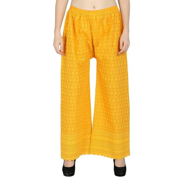 Womens’s Chicken Full Embroidery Yellow Cotton Palazzo