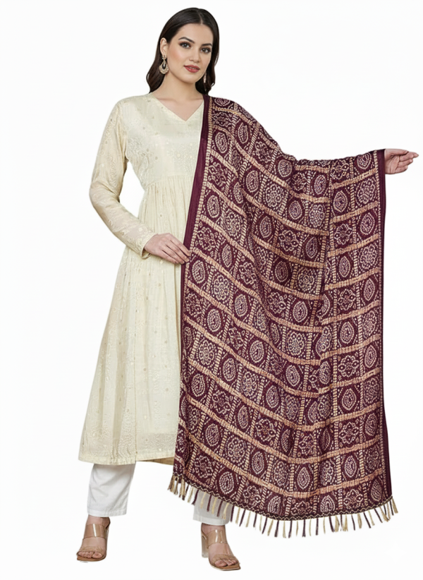 Wine bandhani pattern with patola print Dupatta